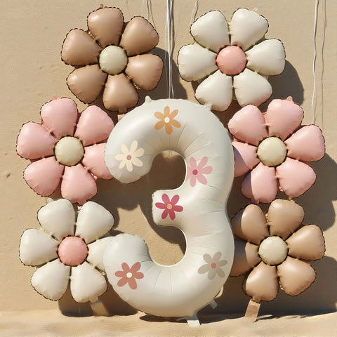 Cream White Foil Number Balloons with Flowers – Birthday