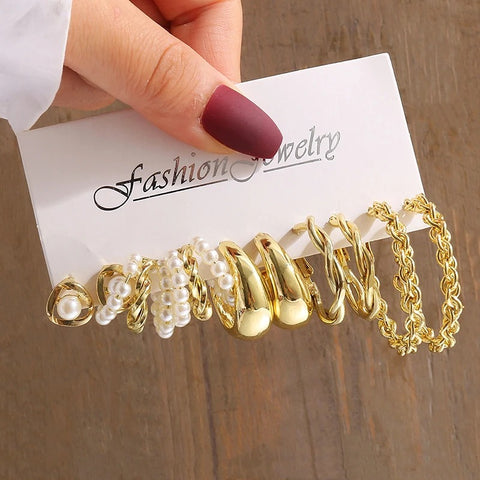 Gold Vintage Geometric Pearl Earrings Set