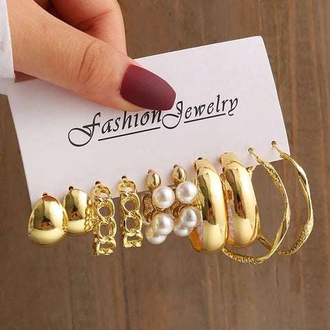 Gold Vintage Geometric Pearl Earrings Set