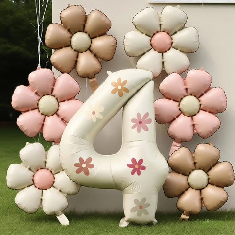 Cream White Foil Number Balloons with Flowers – Birthday