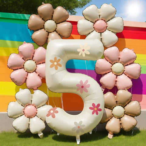 Cream White Foil Number Balloons with Flowers – Birthday