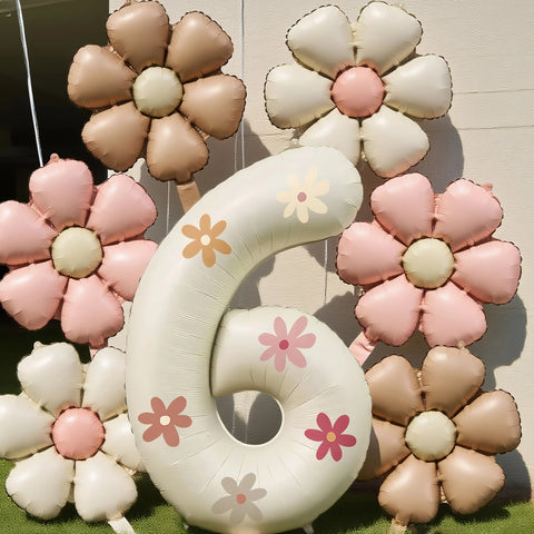 Cream White Foil Number Balloons with Flowers – Birthday