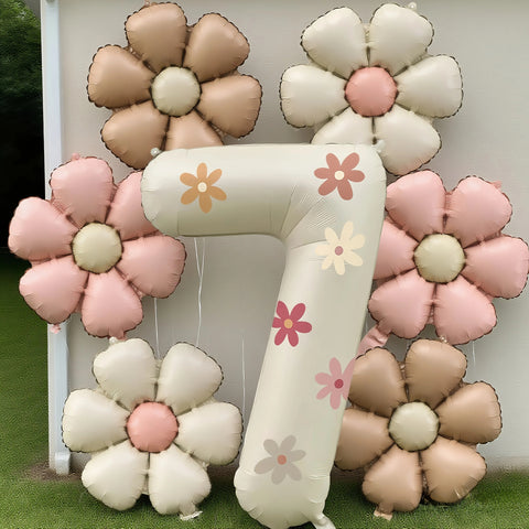 Cream White Foil Number Balloons with Flowers – Birthday