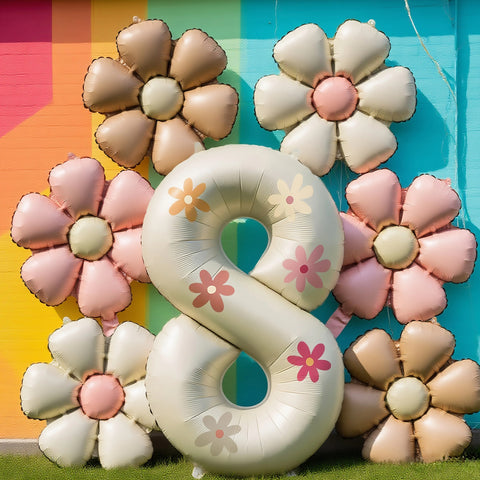 Cream White Foil Number Balloons with Flowers – Birthday