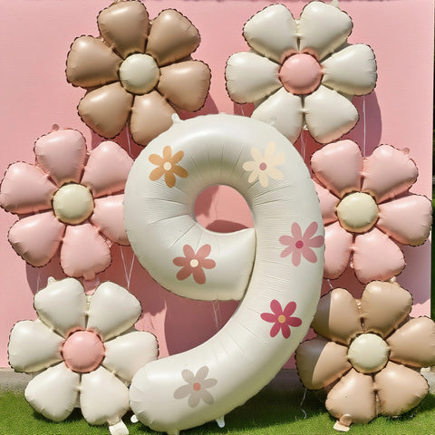 Cream White Foil Number Balloons with Flowers – Birthday