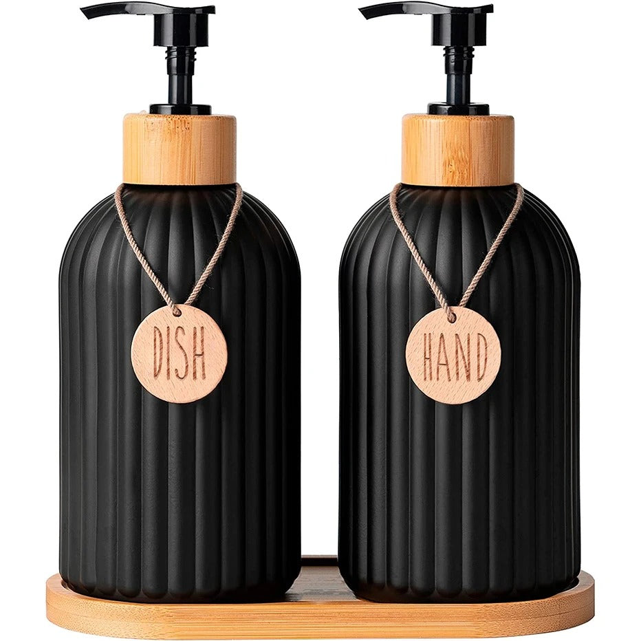 Lacquered Black Plastic Soap Dispenser Set