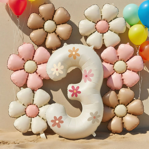 Cream White Foil Number Balloons with Flowers – Birthday