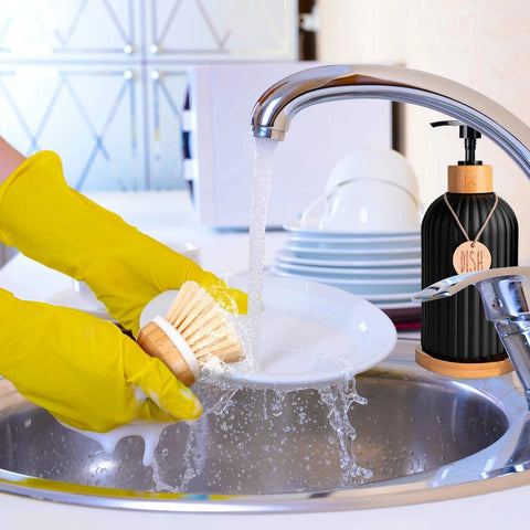 Lacquered Black Plastic Soap Dispenser Set