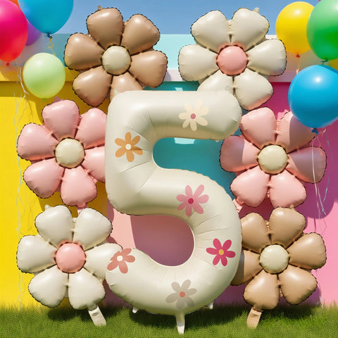 Cream White Foil Number Balloons with Flowers – Birthday