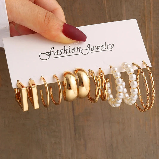 Gold Vintage Geometric Pearl Earrings Set