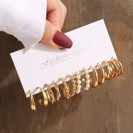 Gold Vintage Geometric Pearl Earrings Set