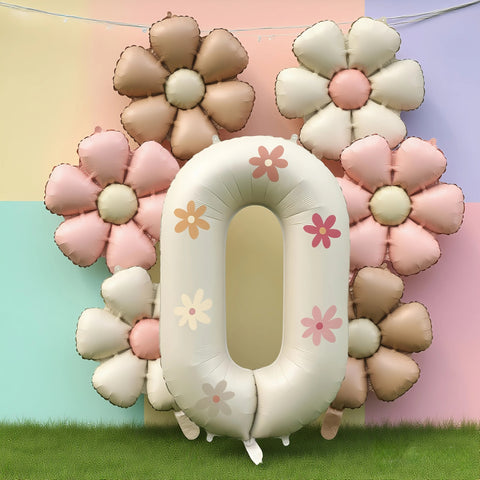 Cream White Foil Number Balloons with Flowers – Birthday