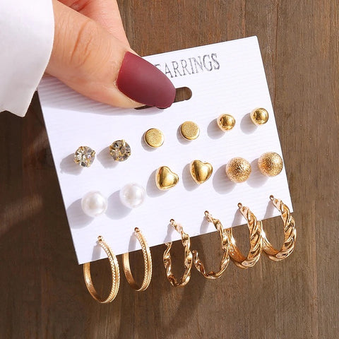 Gold Vintage Geometric Pearl Earrings Set
