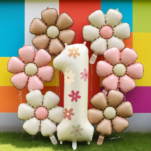 Cream White Foil Number Balloons with Flowers – Birthday