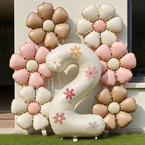 Cream White Foil Number Balloons with Flowers – Birthday